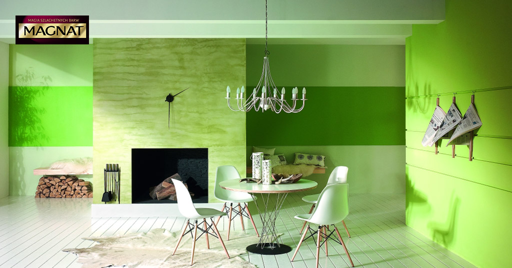 Salon z kominkiem w kolorze zielonym